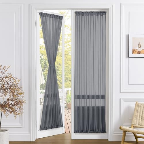 Tollpiz Cortina transparente para puerta de armario, cortinas de lino texturizadas, gasa transparente filtradora de luz para entrada, puertas de cristal del patio, cortina con bolsillo para barra