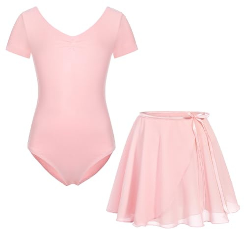 FONLAM Robe Justaucorps de Danse Ballet pour Fille Justaucorps Gymnastique Coton Jupe Ballet Tutu Fille Manche Courte (Rose, 12-14 Ans)