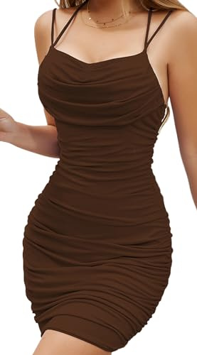 SEAUR Womens Bodycon Cami Mini Party Dress - Spaghetti Strap, Ruched, Night Out Club - M Brown