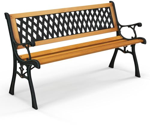 COSTWAY 3-Seater Garden Bench, Solid Wood Slatted Seat Loveseat Park Bench, All-Weather Outdoor Furniture Leisure Seating Patio Chair for Balcony, Porch, Backyard (Flat Back with Diamond Pattern)