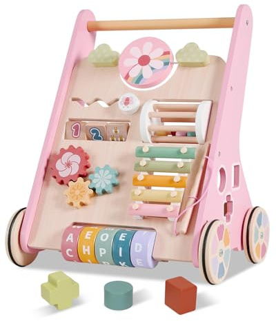 Wooden Baby Walker with Wheels, Adjustable Speed Baby Push Walker, Montessori Walking Toys for Girls Boys, Push and Pull Learning with Baby Activity Center, Christmas Birthday Gifts for Toddler