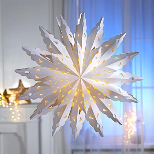 3 PAGEN® LED-julstjärna, vit, hängande – pappersstjärna för upphängning som juldekoration – hängande stjärna för stämningsfulla fönster och väggdekoration – Ø 70 cm vit – batteridriven