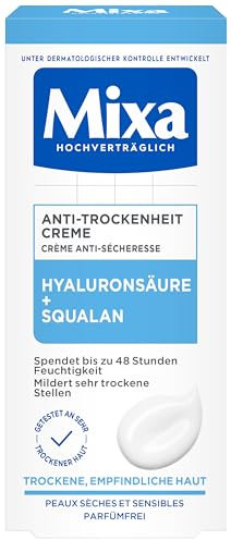 Mixa Anti-Trockenheit Creme, Gesichtscreme für trockene, empfindliche Haut, Mit Hyaluronsäure und Squalan, 50 ml