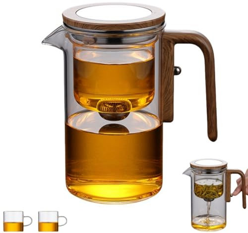 Enchanti - Tetera mágica de 600/800 ml, con 2/4 tazas, tetera de vidrio con separación de agua con mango de madera, tetera de vidrio con infusor, tetera con colador y control de presión (600 ml/2