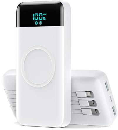 Batterie Externe sans Fil 26800mAh, 7 en 1 Powerbank Fast Charging avec 3 ports et 3 câbles, 25W PD3.0+QC4.0 Chargeur externe portable avec écran LCD Compatible avec iPhone Huawei Samsung Xiaomi-Blanc