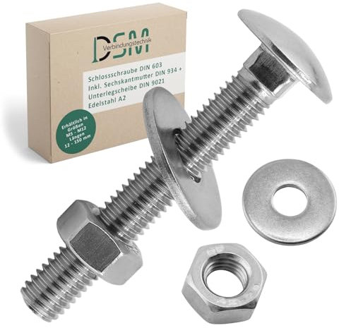 DSM – Schlossschrauben M6 x 40 mm nach DIN 603 – inkl. M6 Sechskantmutter DIN 934 & Unterlegscheibe DIN 9021 – Edelstahl A2/V2A – Flachrundkopfschrauben mit Vierkantansatz – 100 Stück