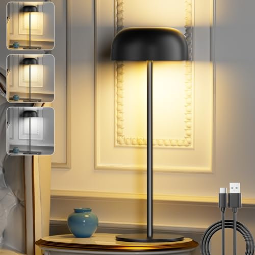 Lampada da Tavolo Senza Fili Dimmerabile , Lampada da Comodino Ricaricabile USB-C, 3 Temperature Colore, Metallo Lampada da Scrivania IP54 Impermeabile per interni ed estern Ristorante, Camera nero