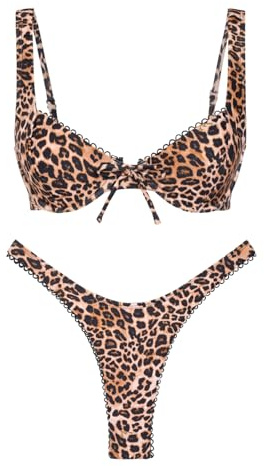 seamoly Leopard Picot Trim Bowknot Decor Underwire High Leg Bikini Set,Coffee,L