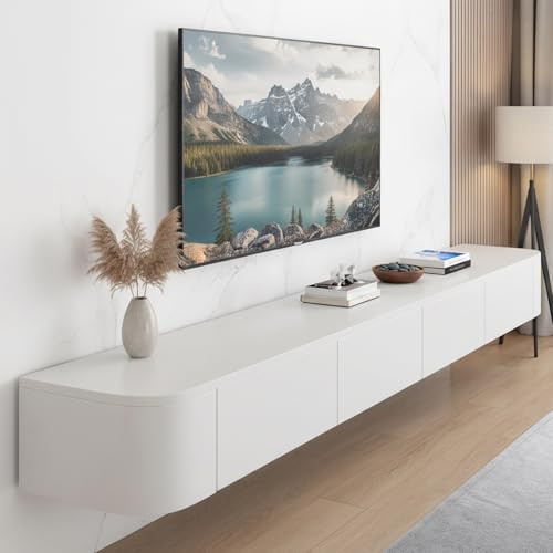 YINXSLO Floating TV Unit with Drawer – Pre-Assembled Wooden Wall Mounted TV Cabinet, Modern Floating Media Console for Living Room, Space-Saving TV Storage Unit (White, 140cm/55in)