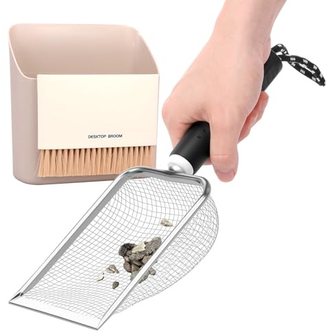 Deuson kattströspadesats, kattströ spade i rostfritt stål med liten kvast och sopskyffel, spade, kattlåda, spade för alla kattströ (svart, vävstil)