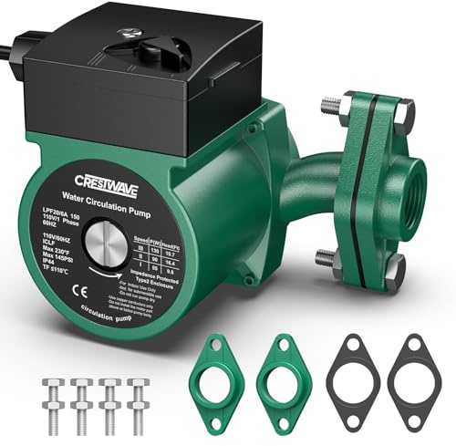 CrestWave 130W Hot Water Recirculating Pump, 3 Speed Adjustable 13 GPM Circulation Pump, 110V Circulator Pump with 1 FNPT Flanges & Kit, for Boiler, Solar, Hydronic Heating Use, Green