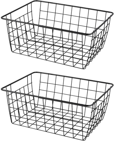 ZOENHOU 2 Cestas de Alambre Negro 28x22x12 cm, Cestas de Almacenamiento de Metal Apilables con Asas para Congelador, Despensa, Cocina, Baño, Oficina y Armario