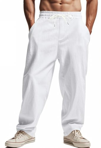OLIPHEE Pantaloni Lino Uomo Estivi Lunghi con Tasche e Coulisse Casual Pantaloni Uomo Leggeri Larghi Comodo con Elastico in Vita Loose Fit Pantalone Yoga Spiaggia