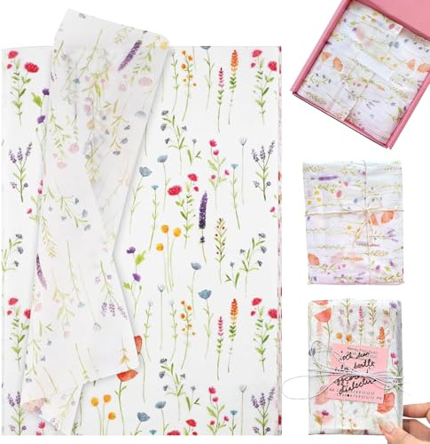 Euablfo 100 Fogli Carta Velina Floreale, 50×32cm,Carta Velina Decorata Fantasia Colorata Decorazione di Carta velina artistica di lavande per Imballaggio Confezioni Regalo Artigianato