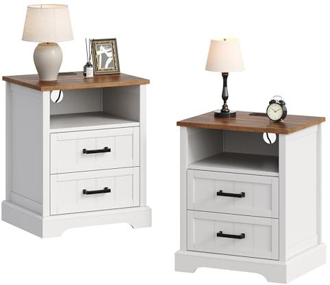 ChooChoo Farmhouse Night Stands with Charging Station Set of 2, 2 Drawers