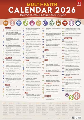 2026 Multi-Faith Calendar. Popular A2 poster. Religious festivals and holy days are described throughout the year, making this a useful resource for those looking to promote faith and diversity.