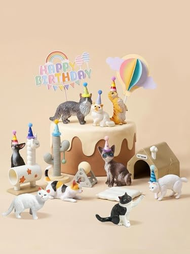 25 Pcs Cat Cake Topper with Animal Figurines, Mini Party Hats for Animals Themed Party, Cat Themed Birthday Party Decorations, Gifts for Cat Lovers Desk Home Decorations, Cupcake Toppers