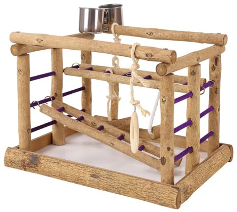 PANGBOER Escalera para pájaros, jaula de loros, juguete de madera con bandeja de juguete, tazas de alimentación, entrenamiento para pájaros de tamaño pequeño, soporte para plataforma de percha grande