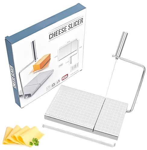 DBAILY Cortador de queso intercambiable con alambre, cortador de queso de acero inoxidable con tabla y rejilla de medición, apto para lavavajillas, para queso de bloque y mantequilla con 6 alambres