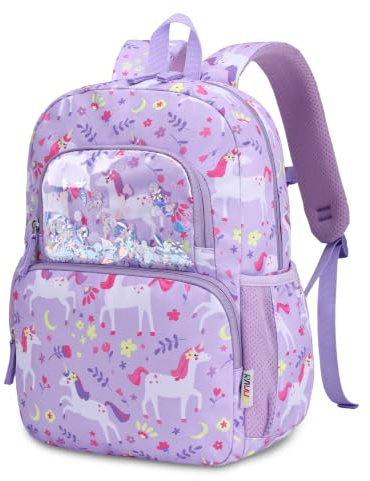 RAVUO Kids Backpack for Girls,12L Primary School Bag for Ages 5–8，Unicorn | Year 1–3,Lightweight,Water-Resistant,Fits A4 Folders,Adjustable Chest Strap,Reflective Strips,Safety Whistle,Sparkly Sequins