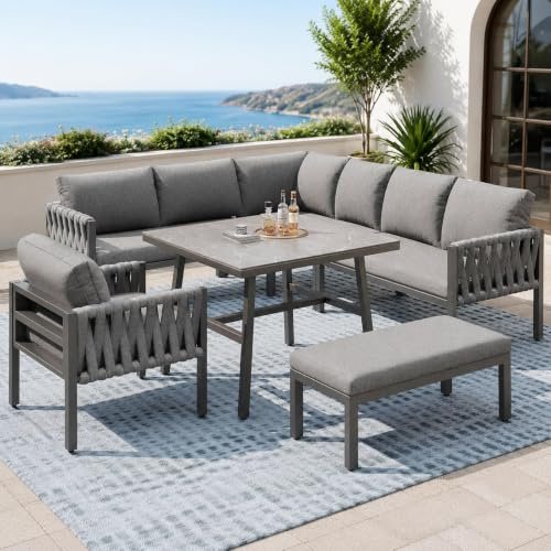 luckdect Salon de Jardin Exterieur 8 Personnes, Ensemble Mobilier de Jardin en Corde, Canapé d'angle avec Table en Verre Trempé, Pieds Réglables, Gris