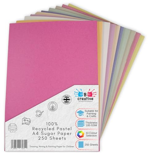 Återvunnet sockerpapper, pastellfärger, 250 ark i 10 olika färger, perfekt för konst och hantverk, teckning, målning och scrapbooking, arkstorlek 30 x 21 cm