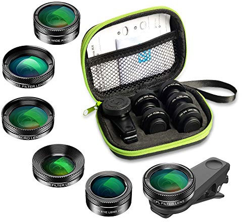 APEXEL 6 in 1 Handy-Objektiv-Kit, Super 205 ° Fischaugenobjektiv + 140 ° Weitwinkelobjektiv und 25x Makroobjektiv + Sternfilter + CPL/ND für iPhone Samsung und die meisten Smartphones Black