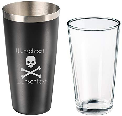 elasto Dein Eigener Cooler Personalisierter Cocktailshaker mit Gravur und Rührglas Edelstahl Boston Shaker mit Namen und Coolen Motiven Kälteschutz-Antirutschbeschichtung 700ml Schwarz (Skull)