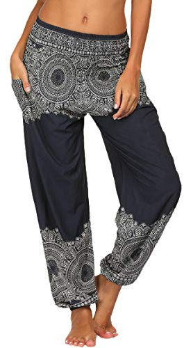 Nuofengkudu Damen Hippie Haremshosen mit Taschen Leichte Boho Muster Bunt High Waist Yogahosen Sommer Lockere Aladin Hosen (Schwarz A,One Size)