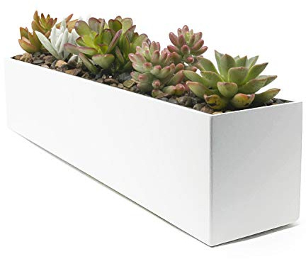Buhbo Steel Rectangular Planter Box - 16 Inch, White - Modern Trough for Succulents & Small Plants, Indoor/Outdoor Use, Durable Alloy Steel with Drainage