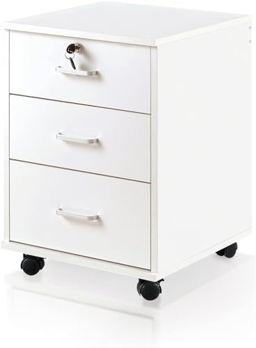 TUKAILAI Rollcontainer Abschließbar mit 3 Schubladen, Aktenschrank unter Schreibtisch, Büroschrank mit Rollen, Dokumente in DIN-A4, Legal, Letter-Format, Büromöbel, Büro,Weiß