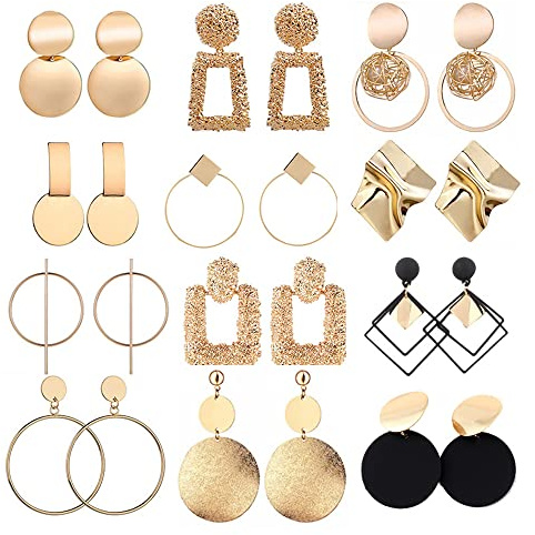 TOEECY 12 Paia Orecchini a Bottone Pendenti da Donna Ragazze Geometrica Placcati in Oro Cerchio Rettangolari Ipoallergenici Grande Set