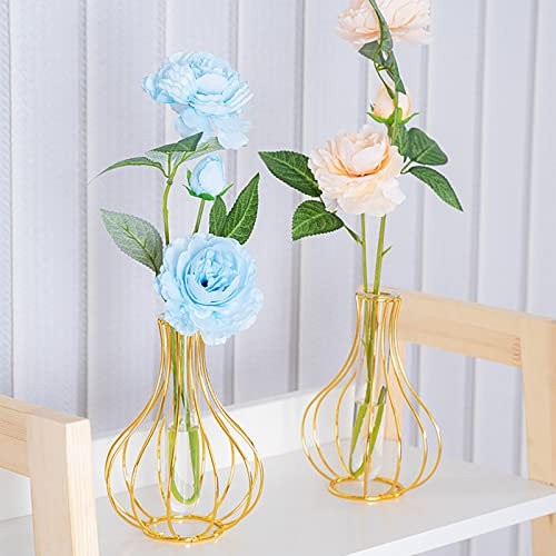 Firlar 2PCS Gold Flower Vase with Metal Frame, Clear Glass Test Tube Vases for Hydroponic Plant, Small Bud Vases Plant Holder Gifts for Wedding Living Room Table Decorations