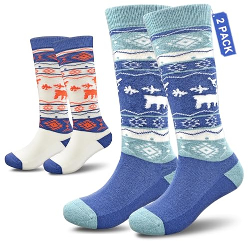 Socks Daze 2 Pack Light Merino Wool Ski Snowboard Socks for Kids Winter Warm Knee High Long Stocking Socks for Toddler Boy Girl 3t-4t, White + Dark Blue, X-Small