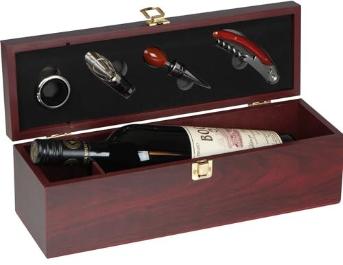 Sommelier Set de vin avec boîte en bois et 4 accessoires pour vin Accessoires de vin Anneau anti-goutte Bouchon de bouteille Couteau de sommelier Décanteur verseur