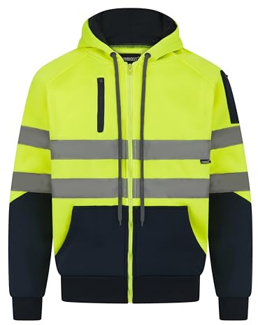 LABEL APPAREL Hi Vis MensHoodie Longsleeve Reflective Tape Hooded Winter Zipper Jacket Security High Visibility Workwear Sweatshirt for Men UK