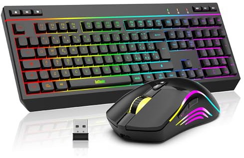 RedThunder K20 Combo Tastiera e Mouse Wireless, Tastiera Full-Size Anti-ghosting con Tasti Multimediali + Mouse Ottico 7D 4800DPI, Set da Gioco/Ufficio RGB Ricaricabile per PC Laptop Mac Xbox (Nero)