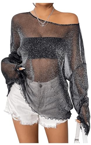 GORGLITTER Damer transparent nätskjorta lös nättopp långärmad nättopp nättyg toppar med glitter t-shirt
