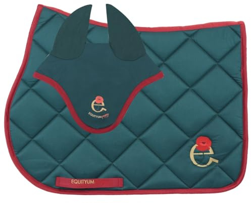 Sottosella + Cuffietta Equityum Poppy,Alta Qualità, Design Italiano, Materiali Innovativi, Traspirabilità e Dettagli Raffinati per il Comfort del Cavallo (verde/rosso, cob)