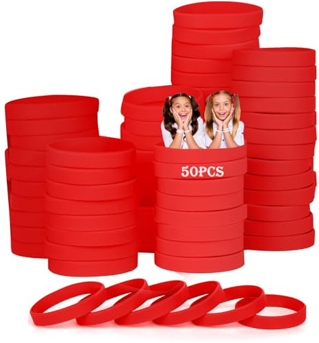 HONTIUS 7'' Braccialetti In Gomma, 50 Pezzi Braccialetti In Silicone, Rosso Vuoto Elastici di Gomma per Uomo Donna Scuola Insegnante Squadra Festa 8~12 di età