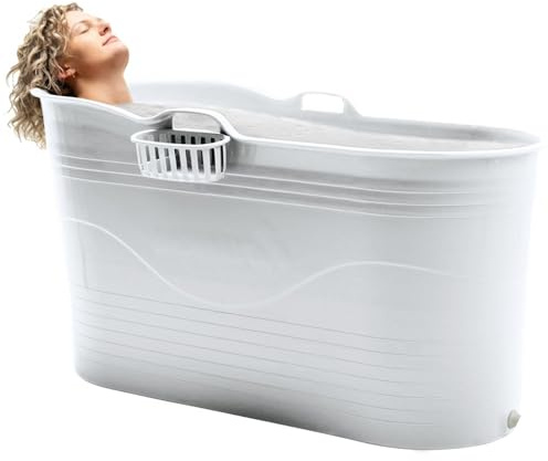 HelloBath® Mobile Badewanne XL 121x56x64 cm für Erwachsene | Tragbare Sitzbadewanne mit verlängerbarem Ablaufschlauch (3 m) & Wasserhahn | Badewanne für Dusche & Outdoor | Greige