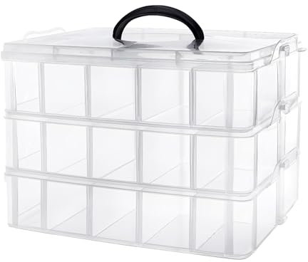 Cnwinu Sortierboxen für Kleinteile,3-stufige Stapelbare Aufbewahrungsbox mit 30 Fächern,Transparente Plastik Sortierbox Aufbewahrung mit Griff,für Metallteile,Perlen,Bausteine (30 Fächer)