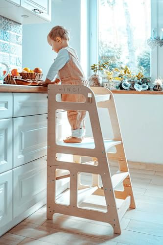 HINGI Montessori Lärtorn för barn | Lärningstorn med justerbar höjd | Montessori Toddler Tower för barnrum eller kök | Montessori-torn trä upp till 100 kg lastkapacitet