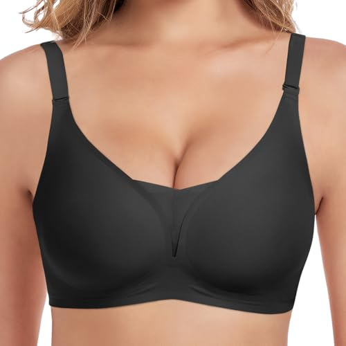 Husmeu Soutien Gorge sans Armature Femme V Profond et Bretelles Ajustables Brassière Push Up Invisible sans Couture Noir XXL