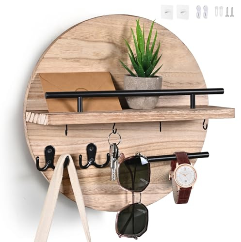 Dxiunove Wall Mounted Key Holder with Hooks,Round Key Organizer for Entryway, Rustic Wooden Key Hooks Wall Décor, Space-Saving Key Holder Shelf for Home Office, Keys Holder & Mail Station (Wood)
