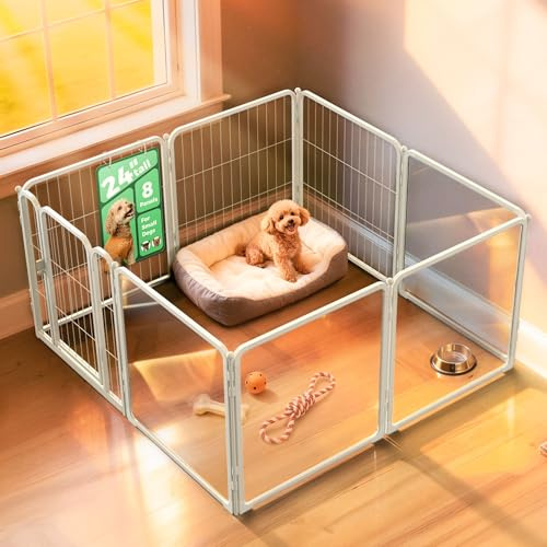 FXW AuraSpace Pro Acrylic & Wire Mesh Indoor Dog Playpen, 24 Height 8 Panels Metal Dog Pen for Puppies & Small Dogs, White│Patented