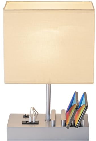 Briever USB Bedside Table Lamp, Desk Lamp with 3 USB Charging Ports and Phone Charge Dock, Wood Charging Station and Organizer, Perfect Light for Bedroom, Living Room, Office, Silver Base