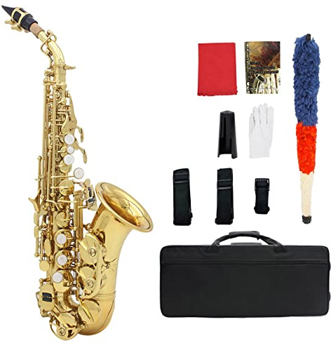 Walfront Sopran -Saxophon BB Biegung Althorn Sopran Saxophon Windinstrumente mit Hülle Reinigen Stoffgürtel Altaxophon Elegante Perle Weiße Knöpfe (Goldene)