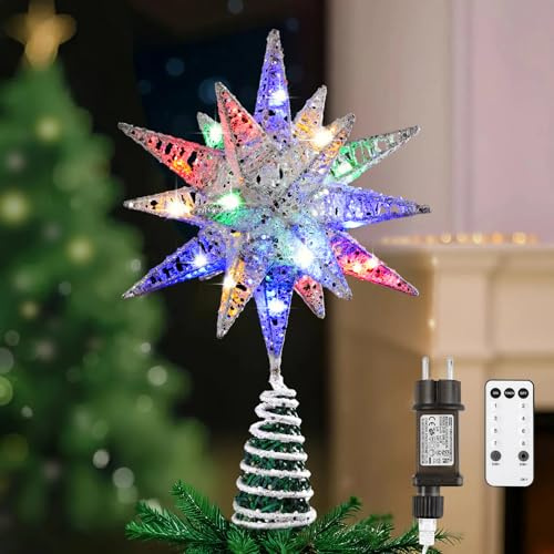 Lewondr Cima per Albero di Natale a Stella,11 con Alimentazione a Presa e Telecomando Cima Geometrica 3D Illuminata per Decorazioni Natalizie,Funzione Timer e Cavo da 5m,Luce Colorata, Argento Bianco