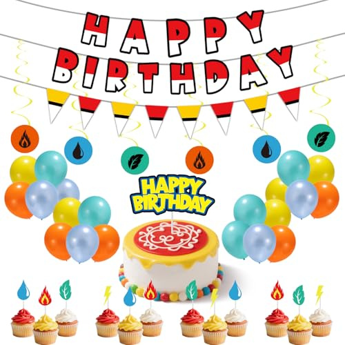 Cartoon Birthday Decorations Kit Set, Colorful Hanging Swirl Decorations Include Balloons, Birthday Banner, Colorful Flags Bunting, Cake Toppers, Cute Cartoon Theme Party Supplies for Bday Decoration